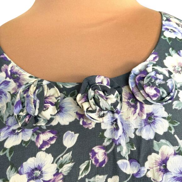 Vintage 90s CDC Petites Floral Rayon Dress Purple White Rosettes Cottagecore 8 - Picture 5 of 10